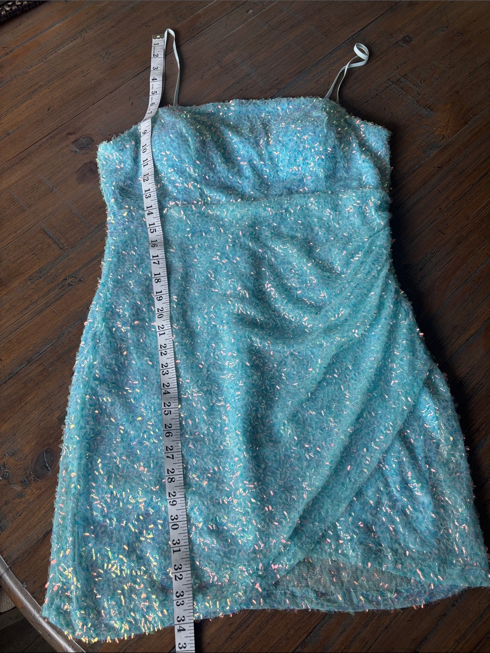Midnight Doll size L Light Blue Sequin Spaghetti Strap Dress - Picture 14 of 16